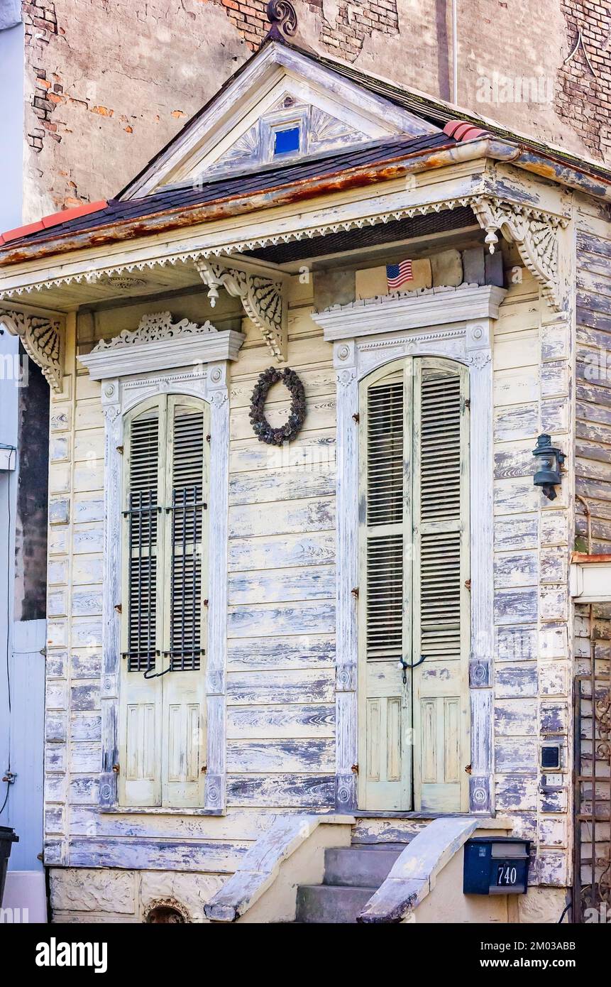 A wreath decorates a shotgun house in the French Quarter, Nov. 15, 2015, in New Orleans, Louisiana. Stock Photo