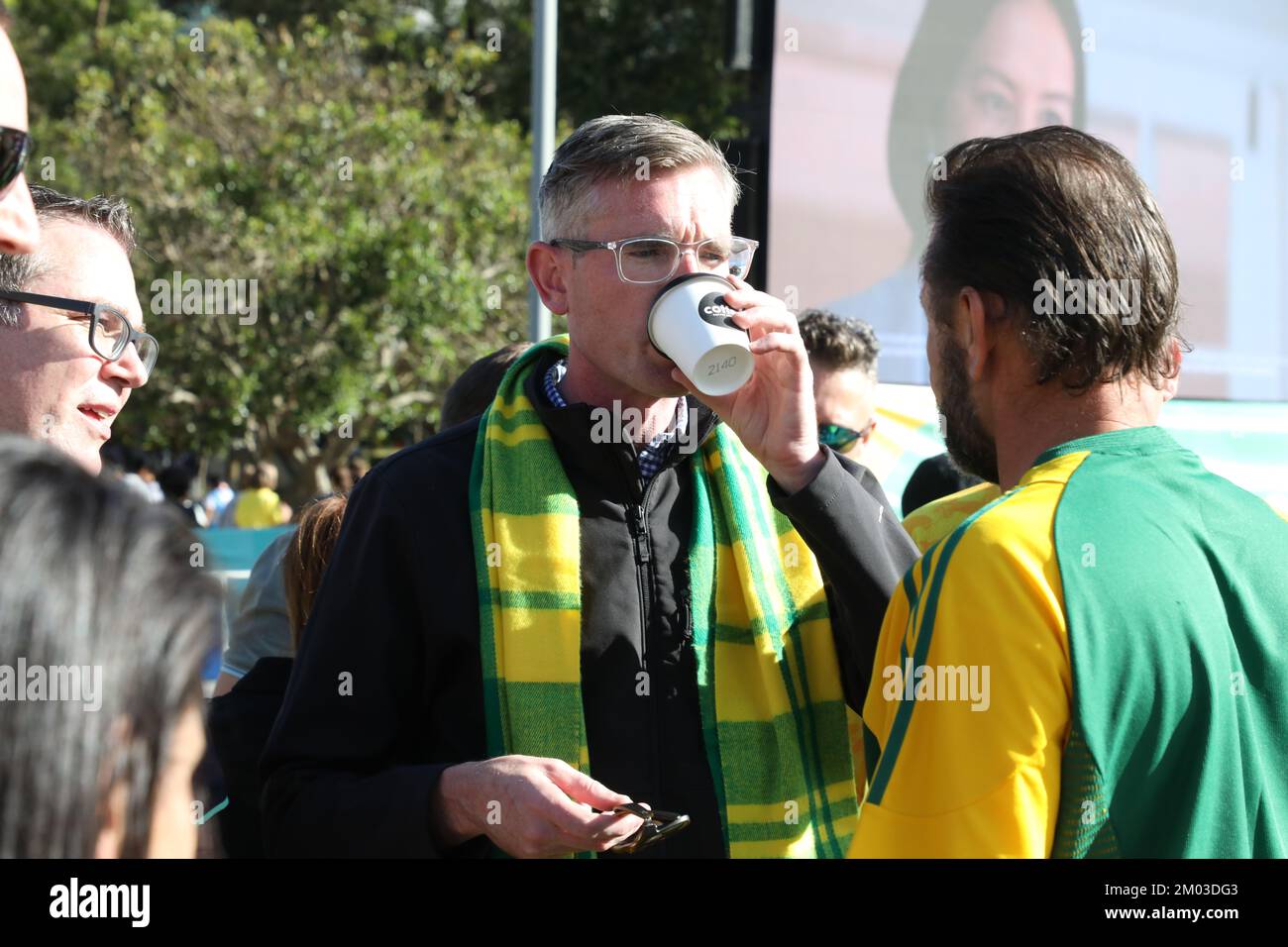 Sydney, Australia. 4th December 2022. Huge crowds attended Tumbalong Park, Darling Harbour to watch the socceroos lose to Argentina 2-1 in the World Cup last 16 match. Pictured: NSW Premier Dominic Perrottet. Credit: Richard Milnes/Alamy Live News Stock Photo