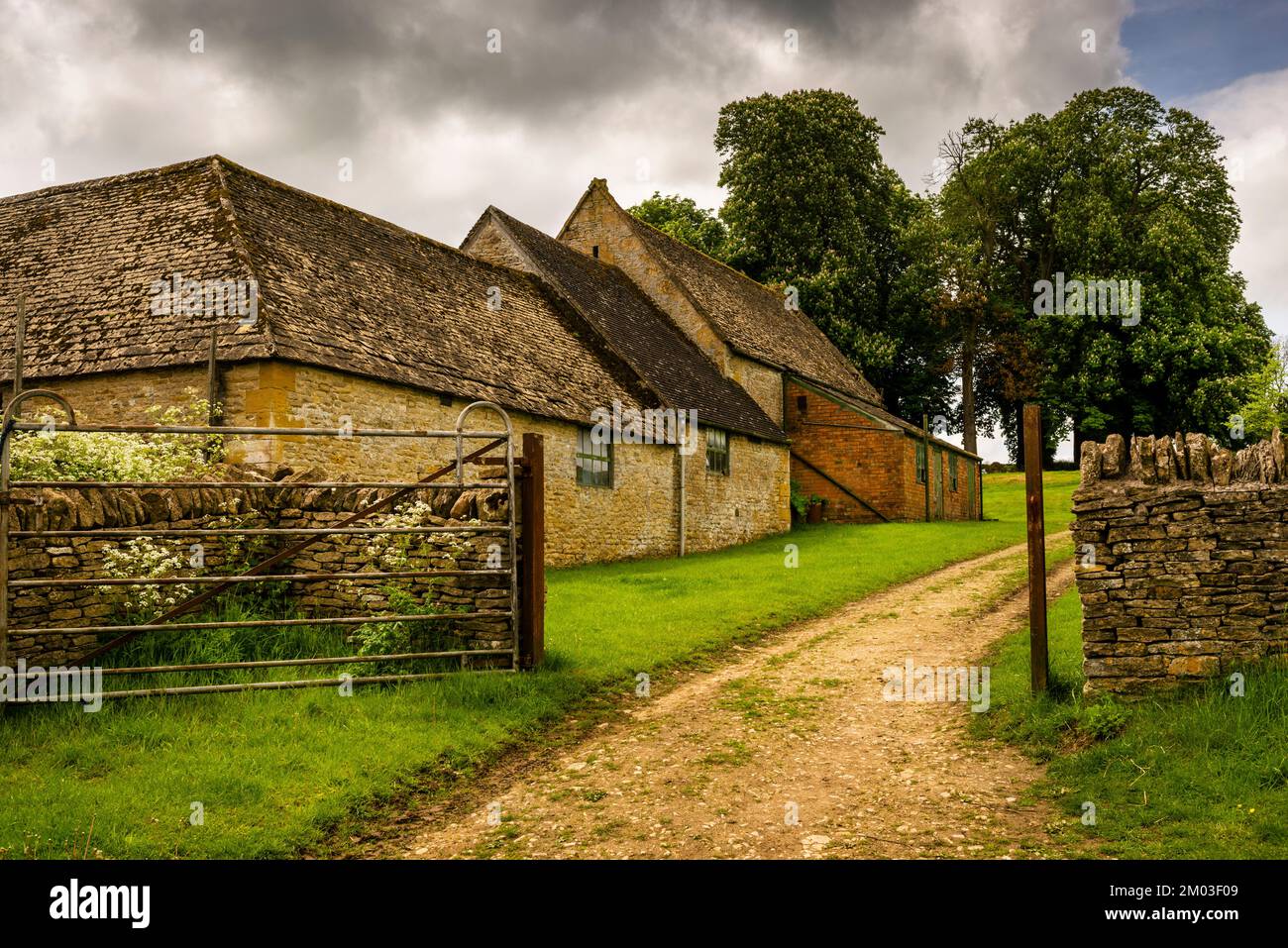Yellow Cotswold stone farm buildings on the Cotswolds Way National