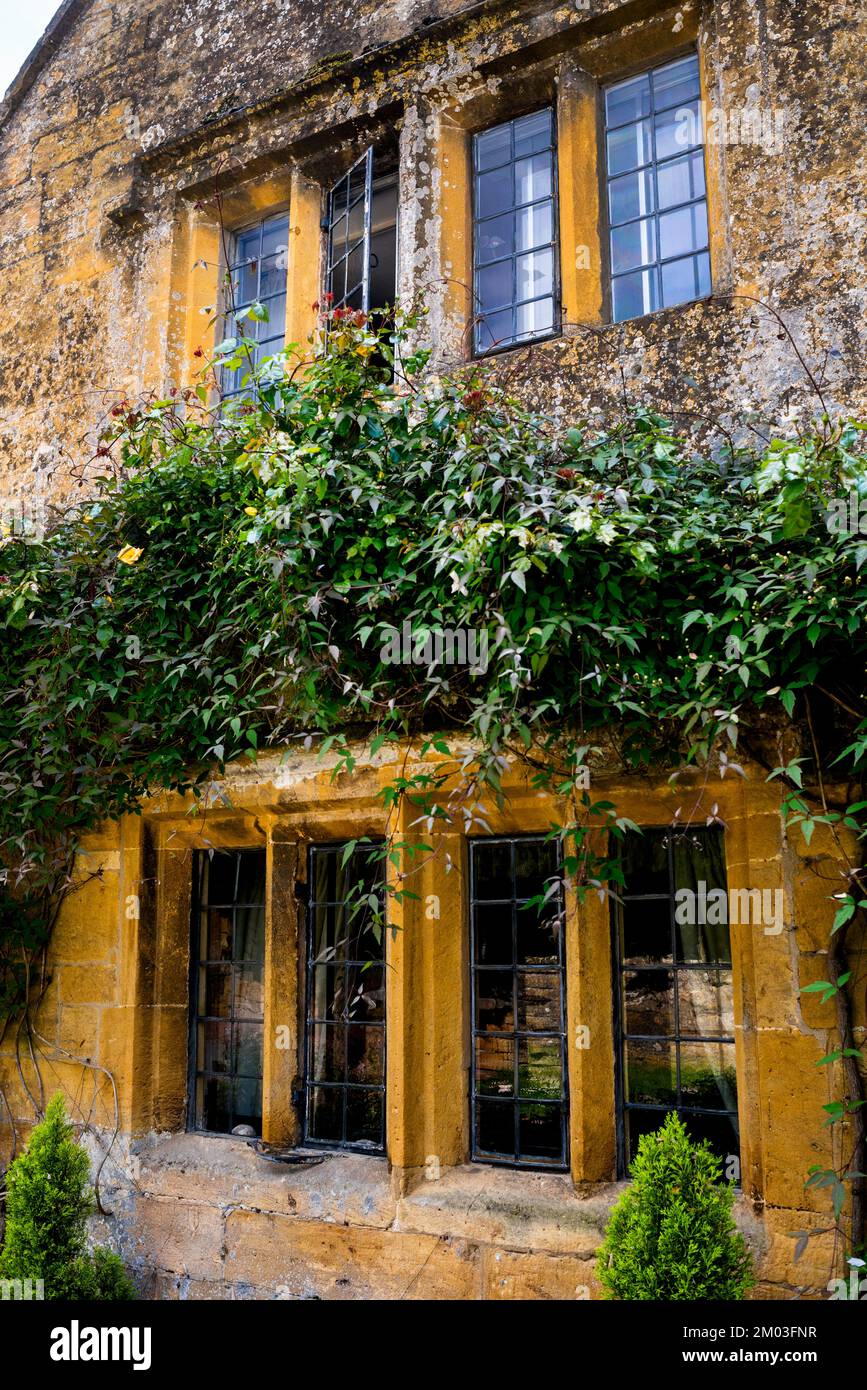 Yellow and white Cotswold limestone cottage in Stanton, England in the