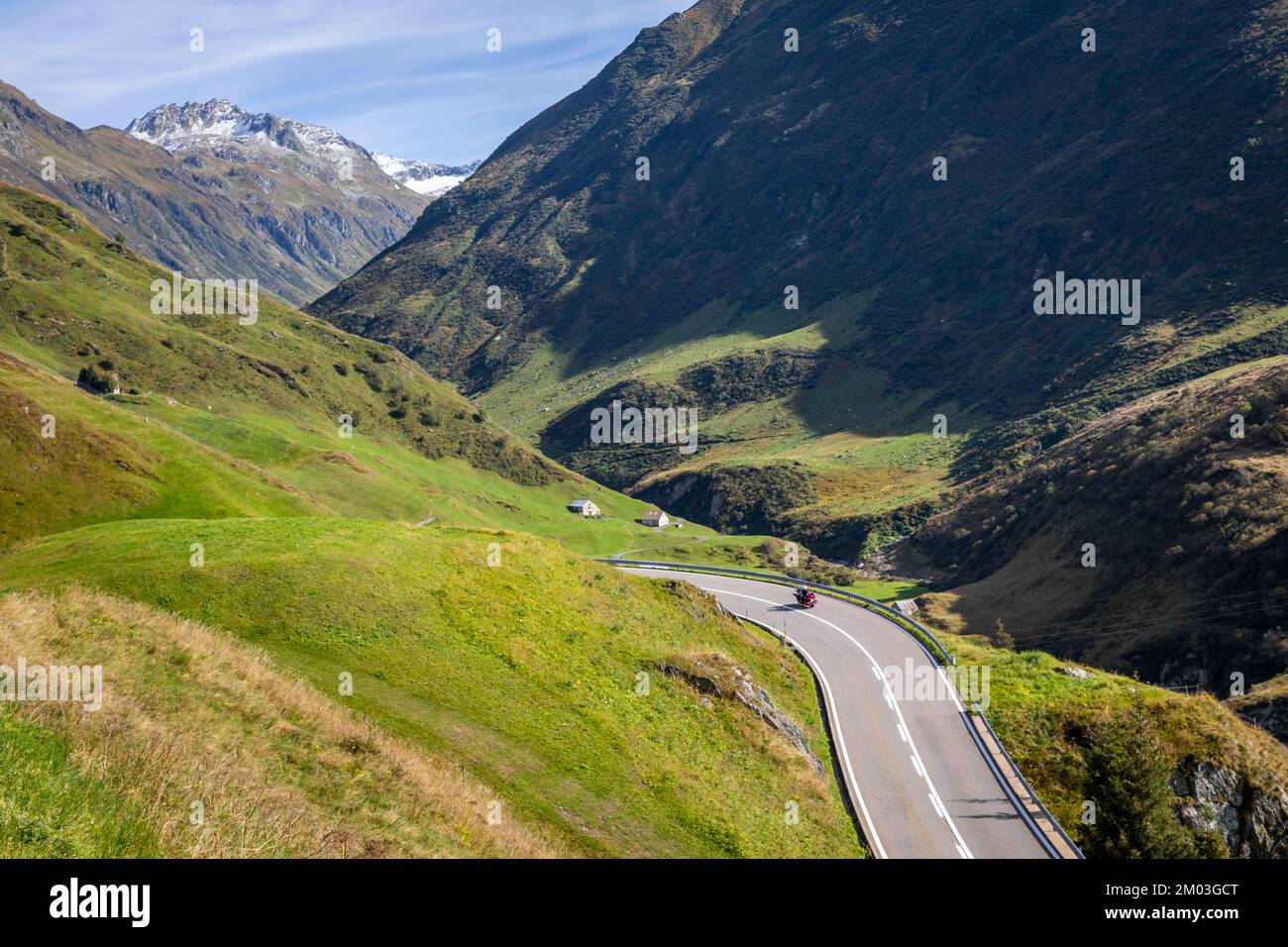 Oberalp mountain pass, dramatic road with swiss alps, Switzerland Stock Photo