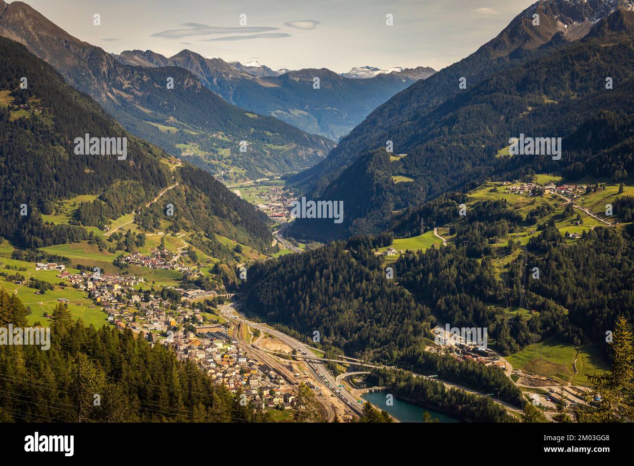 St. Gotthard mountain pass and Airolo with swiss alps, Switzerland Stock Photo
