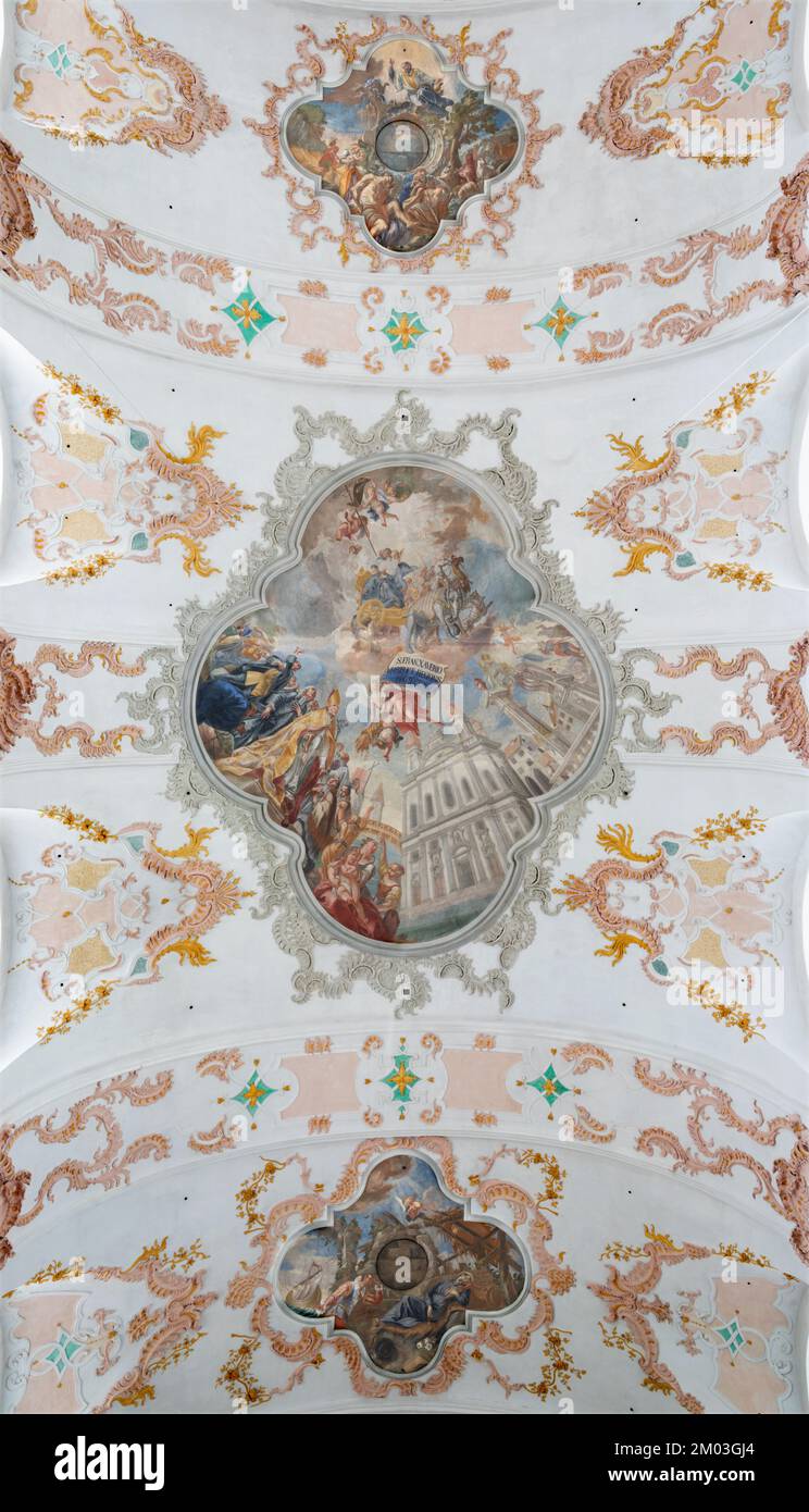 LUZERN, SWITZERLAND - JUNY 24, 2022: The ceiling fresco of Gloroy of St. Francis Xavier and St. Carlo Borromeo before Jesuit church Stock Photo