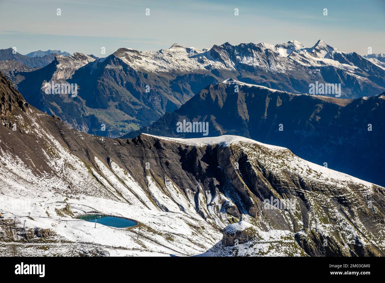 Top of the Schilthorn and view of Bernese Swiss alps, Switzerland Stock Photo