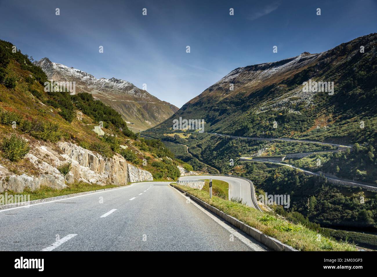 Grimsel and Furka mountain pass, dramatic road with swiss alps, Switzerland Stock Photo