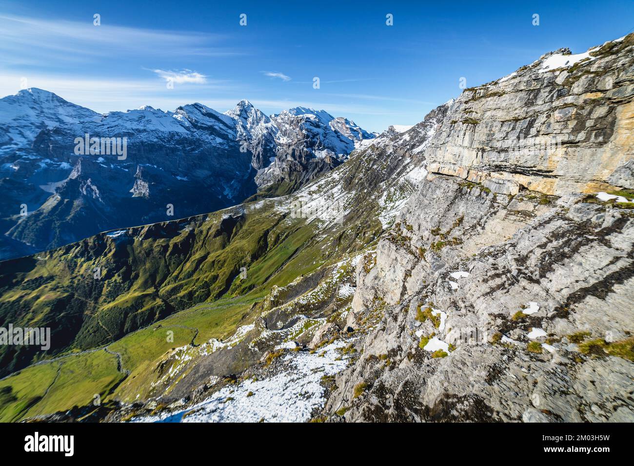 Top of the Schilthorn and view of Bernese Swiss alps, Switzerland Stock Photo