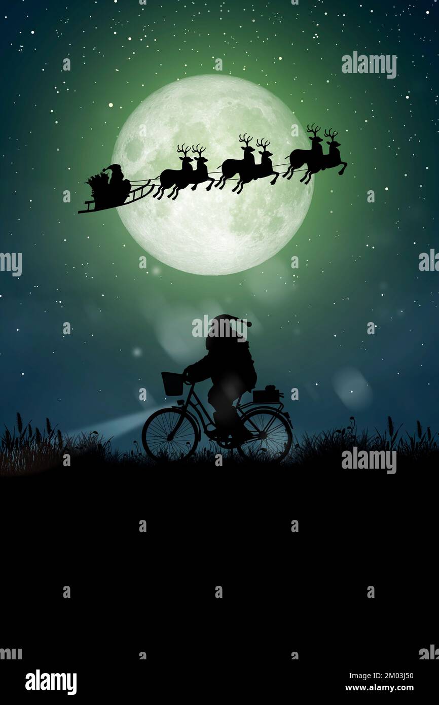 Silhouette of Santa Claus get a move to ride on their reindeer and Santa Claus riding on his bicycle to carry a gift over full moon at night Christmas Stock Photo