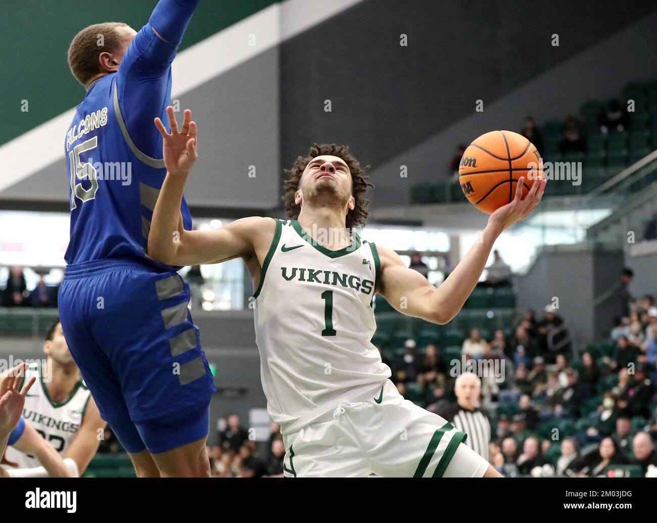 December 03, 2022: Portland State Vikings guard Cameron Parker (1) is fouled on a drive to the basket during the NCAA basketball game between the Portland State Vikings and the Air Force Falcons at the Stott Center, Portland, OR. Larry C. Lawson/CSM (Cal Sport Media via AP Images) Stock Photo