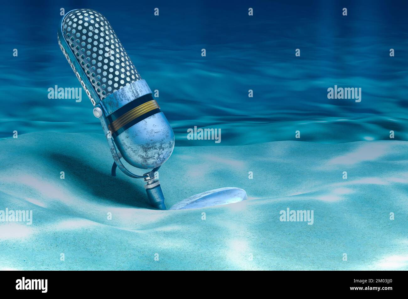 Retro microphone on ocean bottom underwater, 3D rendering Stock Photo