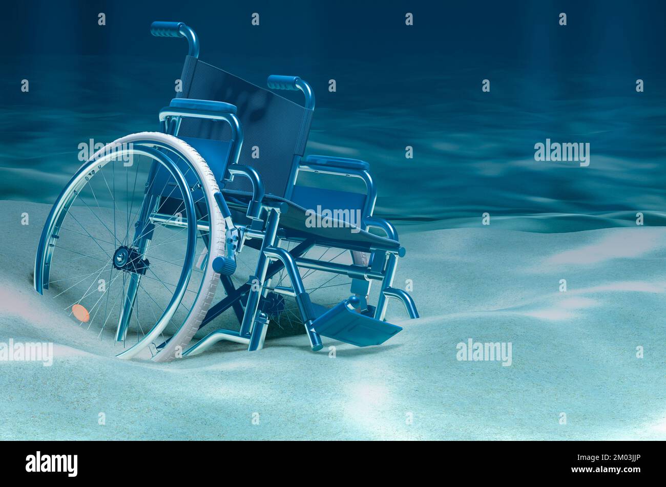 Wheelchair on ocean bottom underwater, 3D rendering Stock Photo Alamy