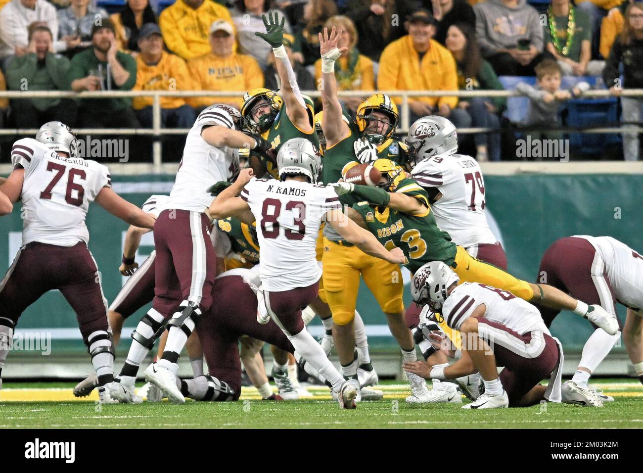 North Dakota State Bison cornerback Anthony Coleman (13) blocks an extra kick near the end of a NCAA FCS second round playoff game between the University of Montana Grizzlies and the North Dakota State Bison at the Fargo Dome, Fargo, ND on Saturday, December 3, 2022. NDSU defeated Montana 49-26. Russell Hons/CSM Stock Photo