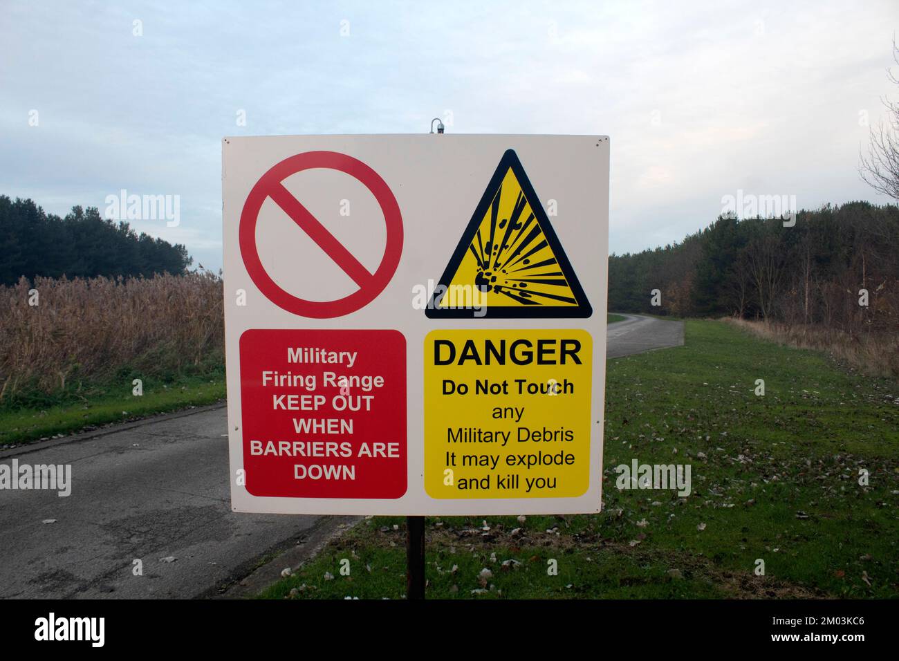 Warning sign to keep out of an army military range, Army Reserve Centre Altcar Training Camp Hightown Merseyside, England UK Stock Photo