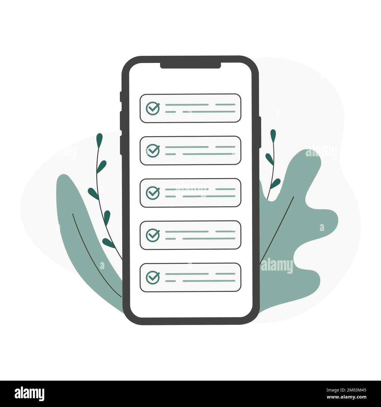 Mobile phone and checklist vector illustration, flat cartoon smartphone with list checkboxes, concept of survey, online quiz, completed things or done Stock Vector