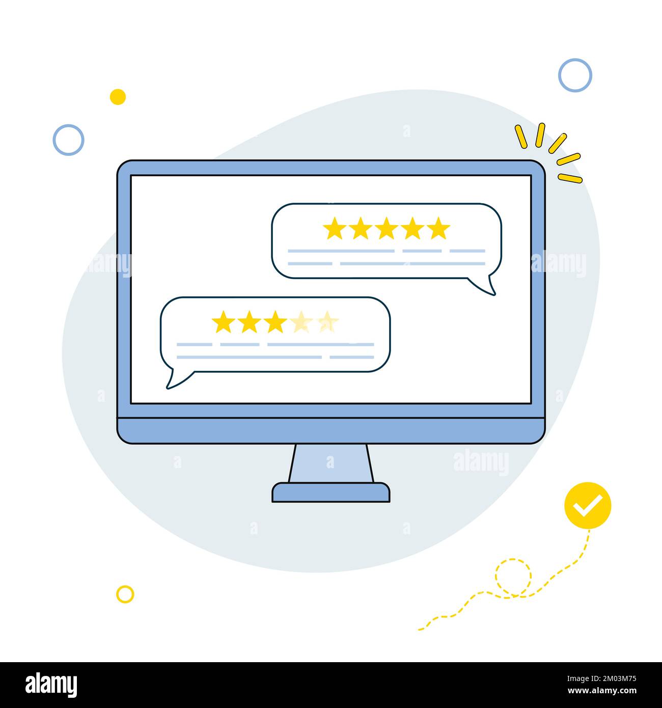 Customer reviews. User reviews bubble on computer. Feedback, experience concept. Online review notifications with star ratings. Flat style. Vector Stock Vector