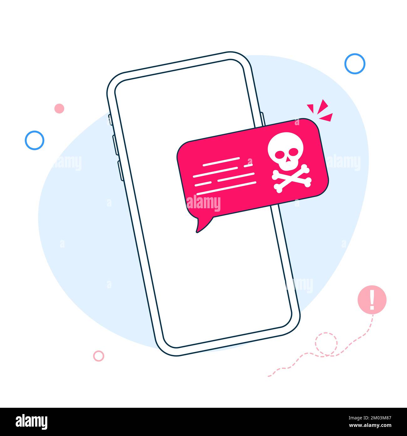 Smartphone with speech bubble and skull and bones on screen. Skull icon. Threats, mobile malware, spam messages, fraud, sms spam concepts. Modern flat Stock Vector
