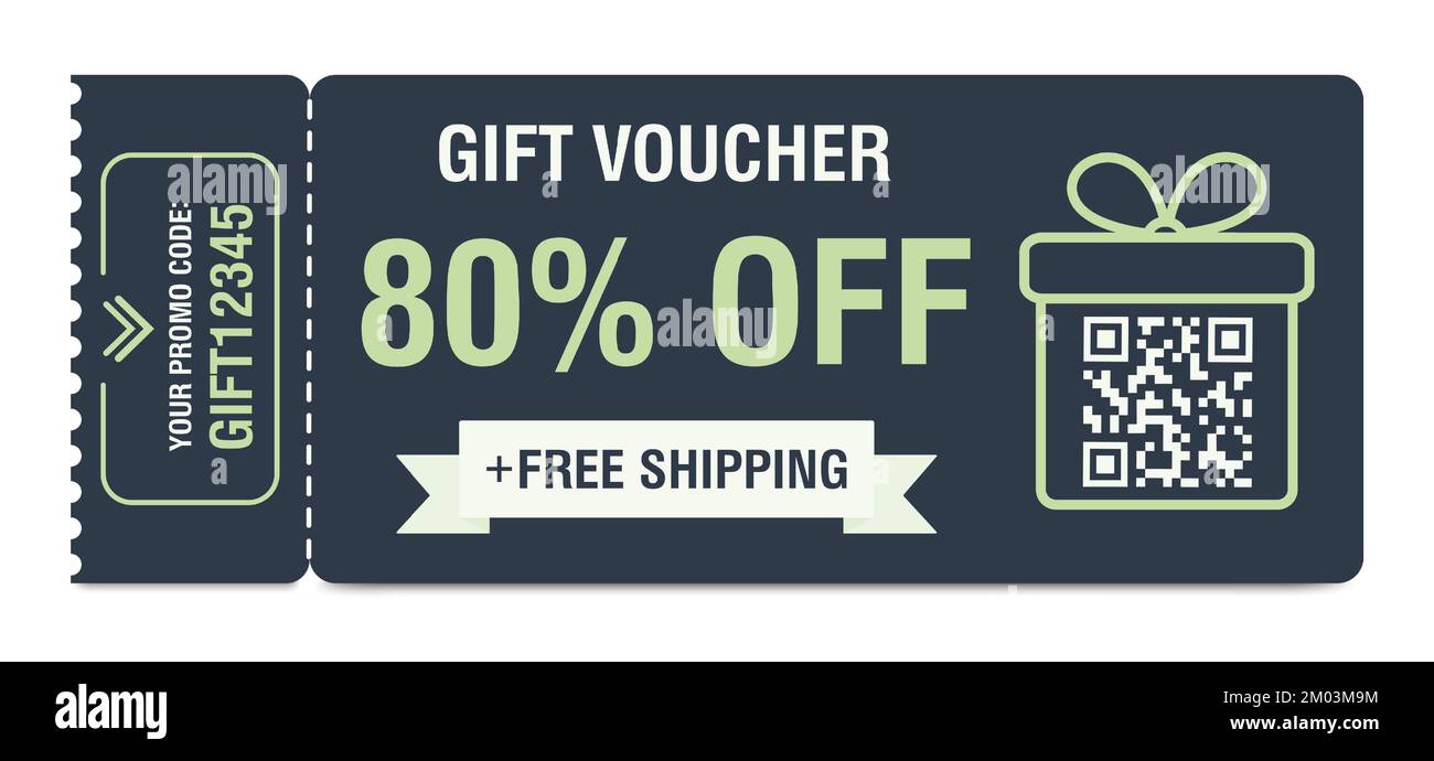 Discount coupon 80 percent off. Gift voucher with percentage marks, qr code and promo codes for website, internet ads, social media. Vector Stock Vector