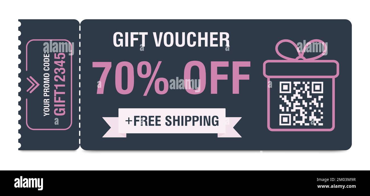 Discount coupon 70 percent off. Gift voucher with percentage marks, qr code and promo codes for website, internet ads, social media. Vector Stock Vector