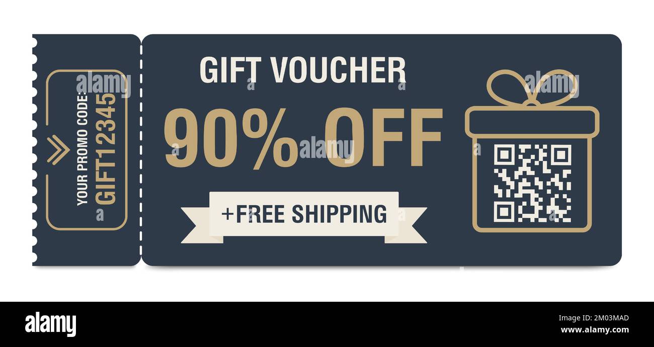 Discount coupon 90 percent off. Gift voucher with percentage marks, qr code and promo codes for website, internet ads, social media. Vector Stock Vector
