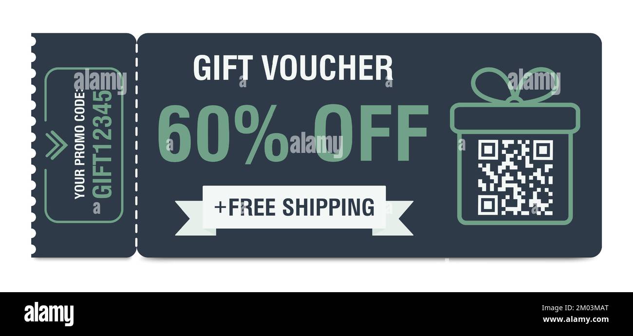 Discount coupon 60 percent off. Gift voucher with percentage marks, qr code and promo codes for website, internet ads, social media. Vector Stock Vector
