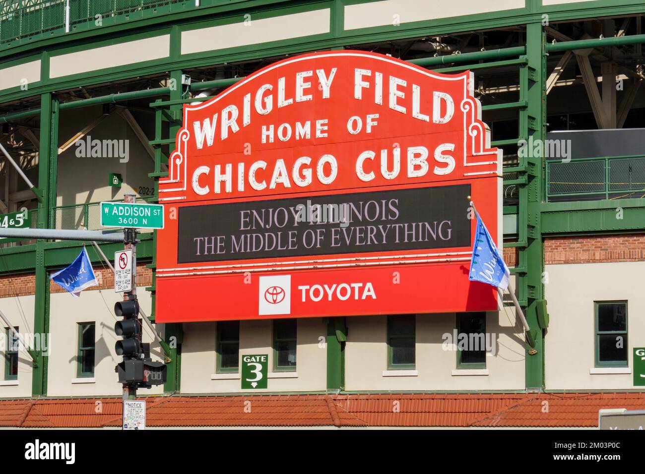 Wrigley Field sign. Clark and Addison streets, Chicago, Illinois. Stock Photo