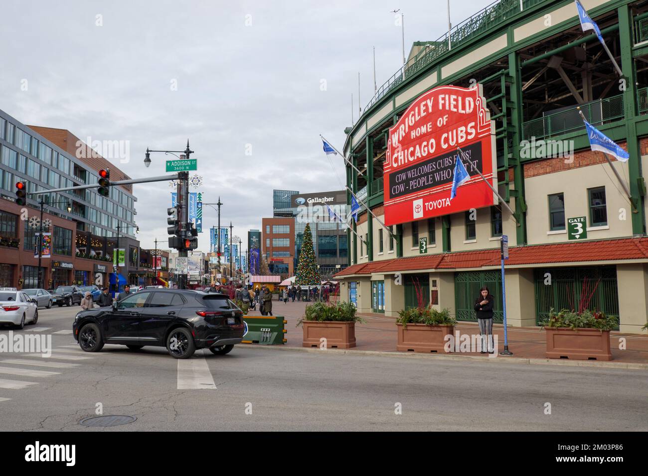 Wrigley Field at Clark and Addison Streets, Chicago, Illinois. Stock Photo