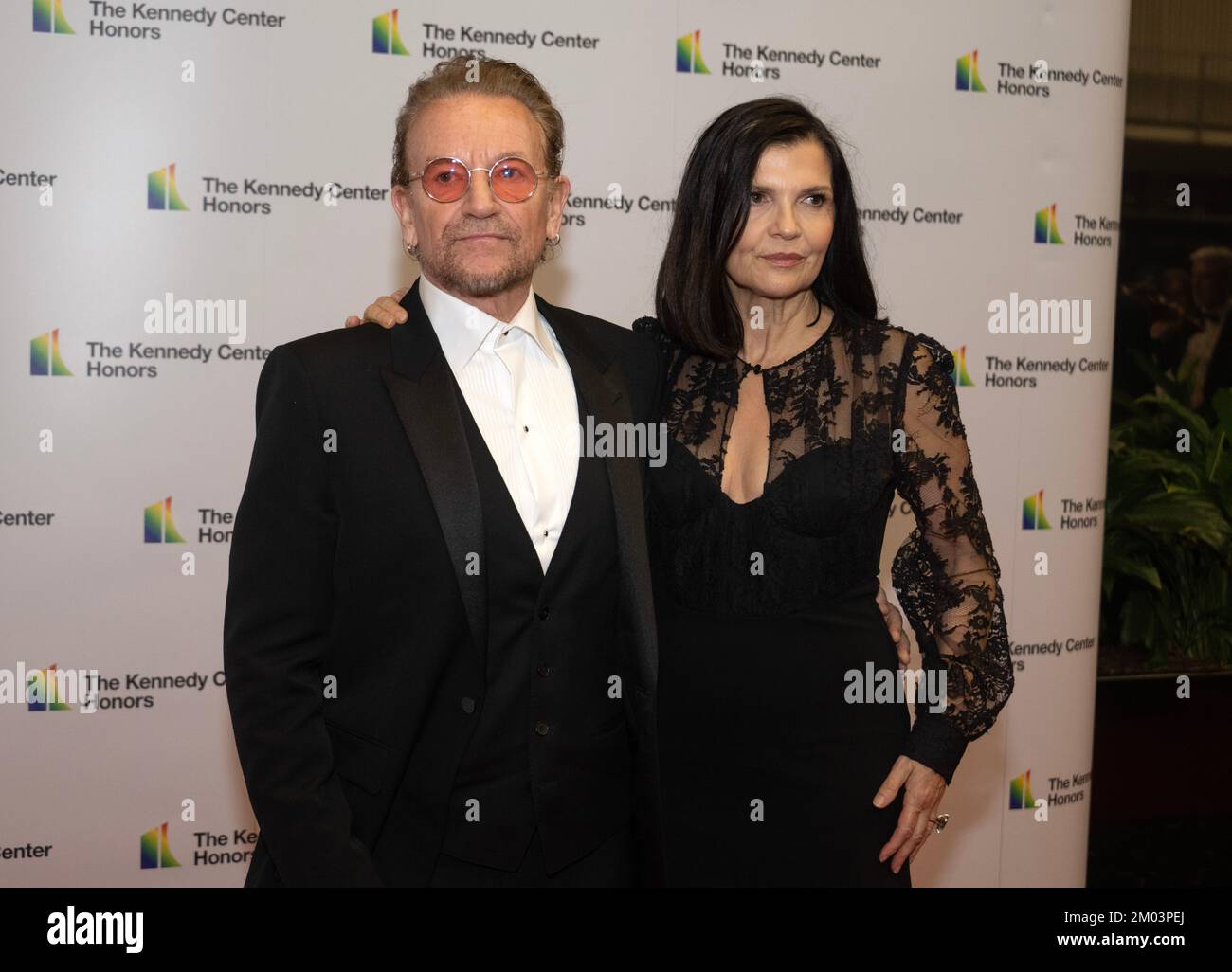 Bono and his wife, Ali Hewson, arrive for the formal Artist's Dinner honoring the recipients of the 45th Annual Kennedy Center Honors at the Department of State in Washington, DC on Saturday, December 3, 2022. The 2022 honorees are: actor and filmmaker George Clooney; contemporary Christian and pop singer-songwriter Amy Grant; legendary singer of soul, Gospel, R&B, and pop Gladys Knight; Cuban-born American composer, conductor, and educator Tania León; and iconic Irish rock band U2, comprised of band members Bono, The Edge, Adam Clayton, and Larry Mullen Jr. Credit: Ron Sachs/Pool/Sipa USA Stock Photo