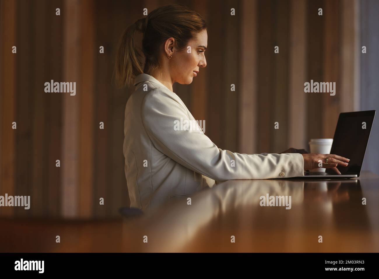 Female developer working on a laptop in a coworking space. Professional business woman working remotely. Woman doing freelance tech work. Stock Photo