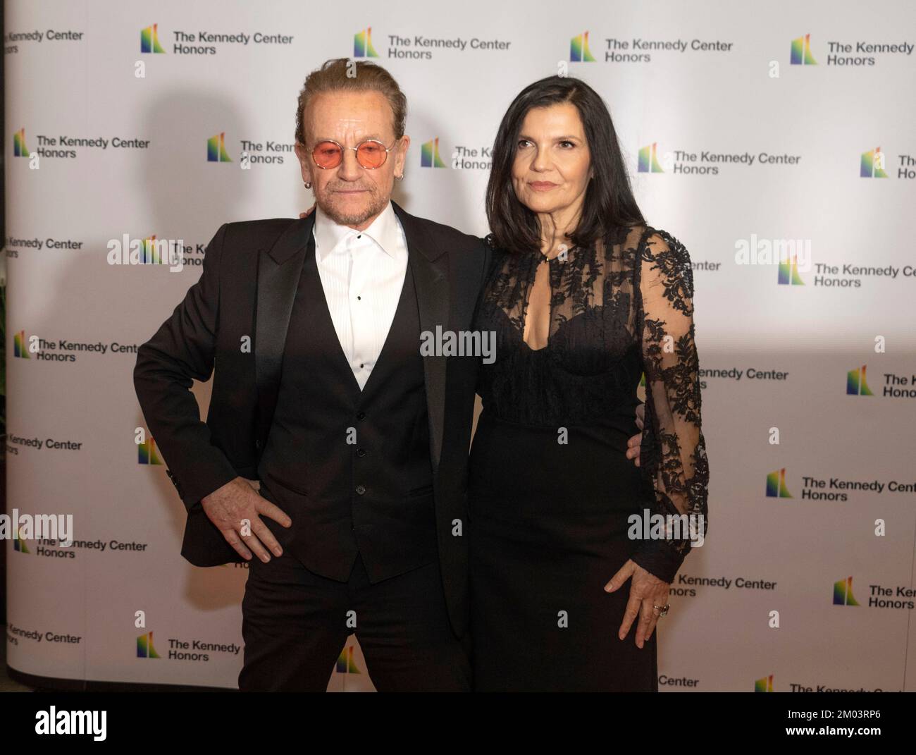 Bono and his wife, Ali Hewson, arrive for the formal Artist's Dinner honoring the recipients of the 45th Annual Kennedy Center Honors at the Department of State in Washington, DC on Saturday, December 3, 2022. The 2022 honorees are: actor and filmmaker George Clooney; contemporary Christian and pop singer-songwriter Amy Grant; legendary singer of soul, Gospel, R&B, and pop Gladys Knight; Cuban-born American composer, conductor, and educator Tania León; and iconic Irish rock band U2, comprised of band members Bono, The Edge, Adam Clayton, and Larry Mullen Jr. Credit: Ron Sachs/Pool via CNP Stock Photo