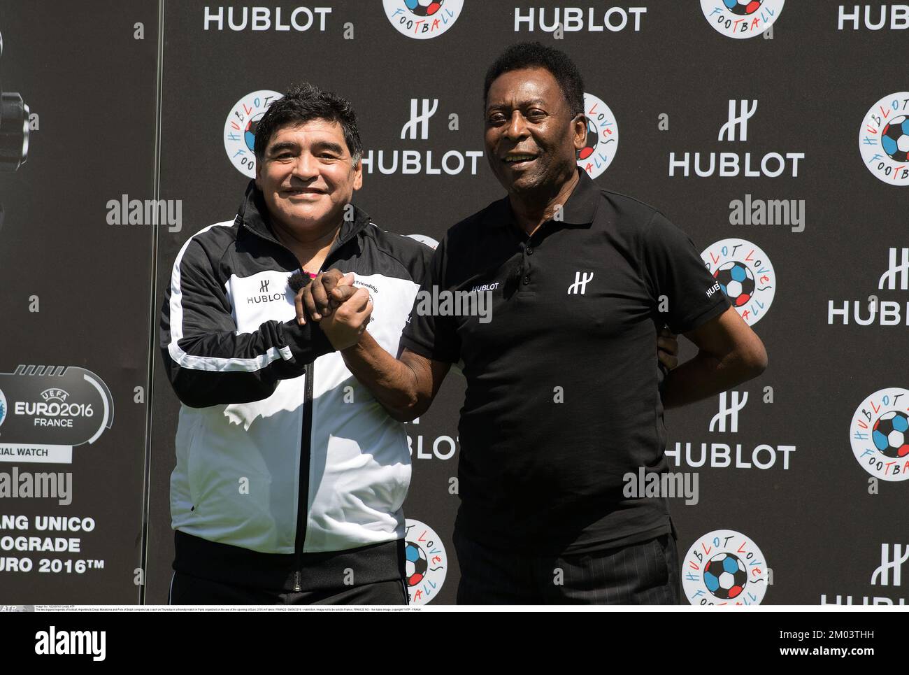 Paris, France. 09th June, 2016. The two biggest legends of football,  Argentina's Diego Maradona and Pele of Brazil competed as coach on Thursday  in a friendly match in Paris organized on the