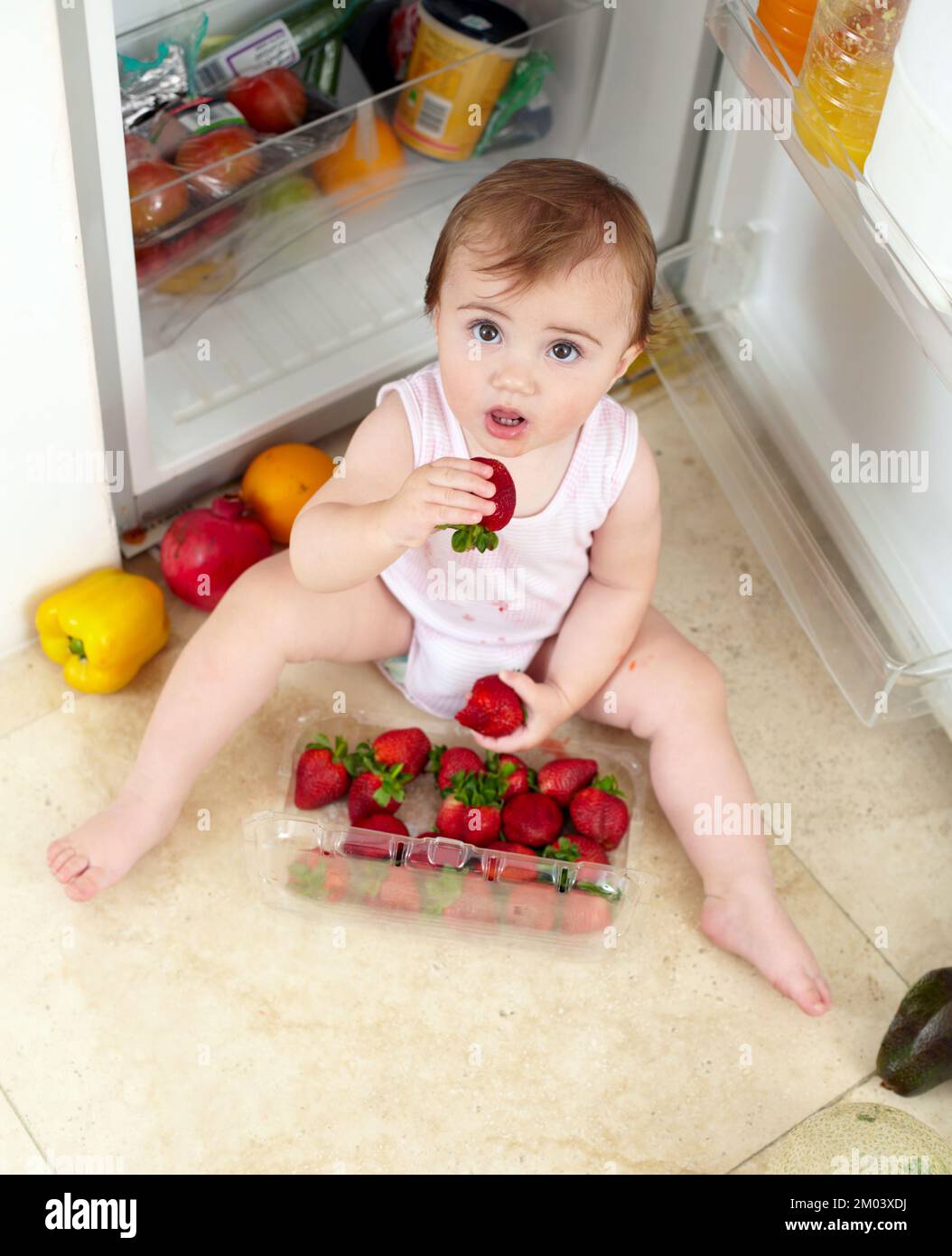 Caught in the act. High angle shot of an adorable toddler eating a strawberry after raiding the fridge. Stock Photo