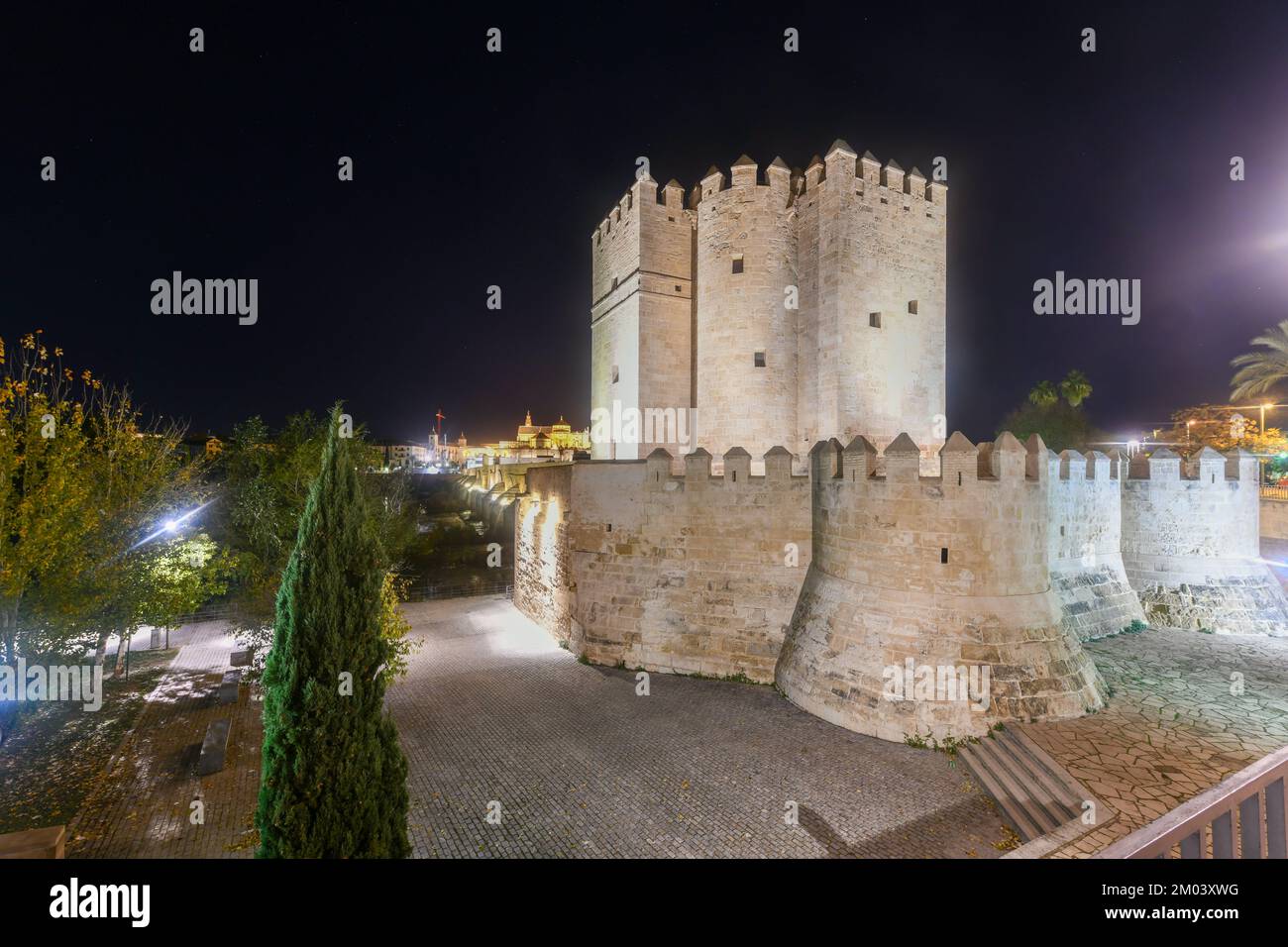 Calahorra Tower and Roman Bridge of Cordoba with the Cathedral - Mosque in background at night. World Heritage City by Unesco in Andalusia, Spain Stock Photo