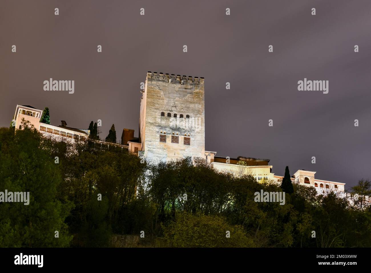 View of illuminated Alhambra Palace in Granada, Spain at night. Stock Photo