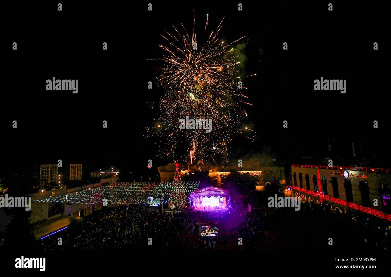 Bethlehem, Palestine. 03rd Dec, 2022. Fireworks light up the sky over the Church of the Nativity