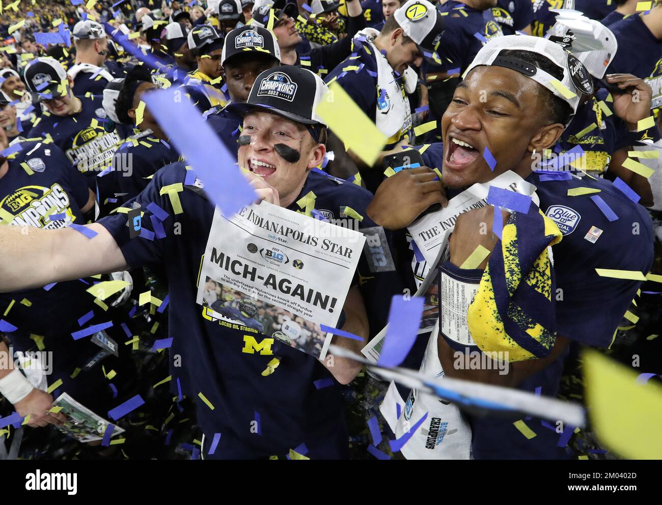 Indianapolis, United States. 04th Dec, 2022. Michigan Wolverines players celebrate their Big Ten Championship against the Purdue Boilermakers in Indianapolis, Indiana on Saturday, December 3, 2022. Photo by Aaron Josefczyk/UPI Credit: UPI/Alamy Live News Stock Photo