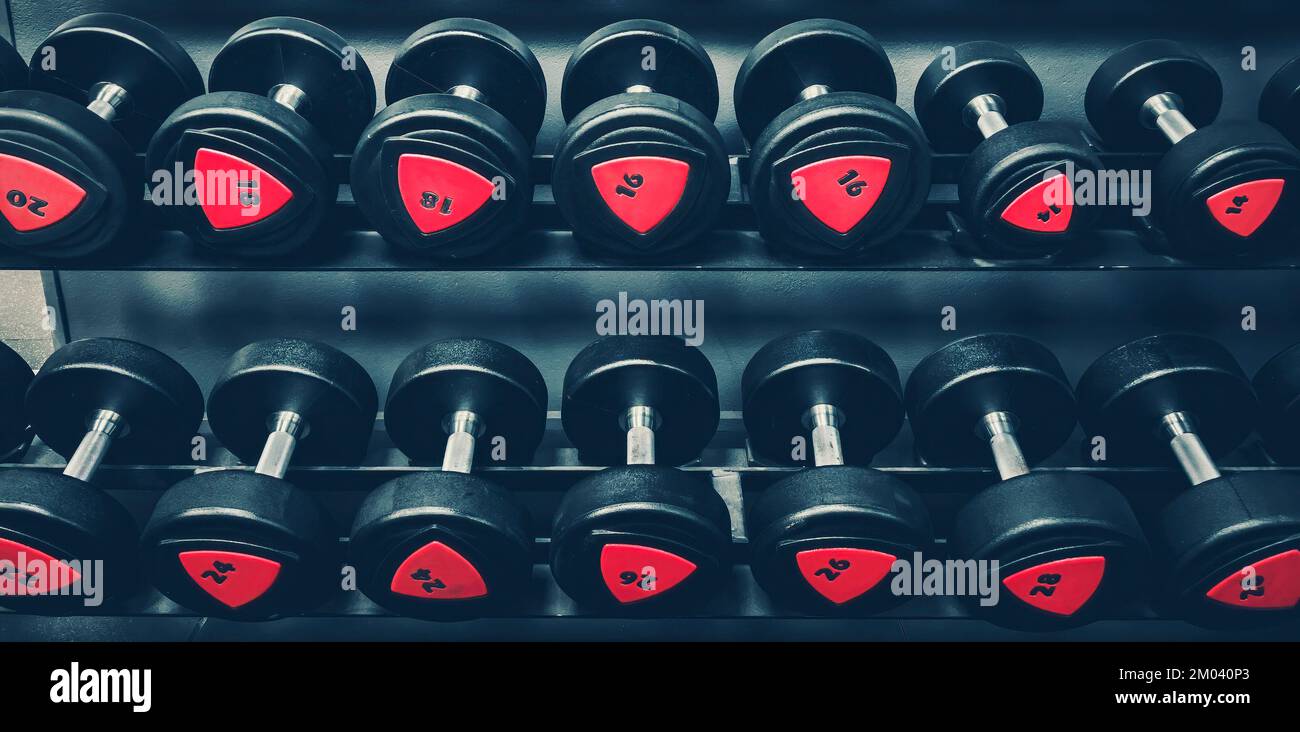Black dumbbells in a gym, in France Stock Photo