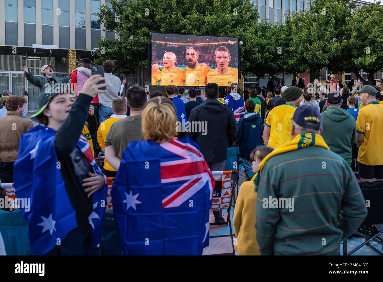 Canberra, Australia. 4th Dec, 2022. Australian fans watch 2022 FIFA World Cup Round of 16 match