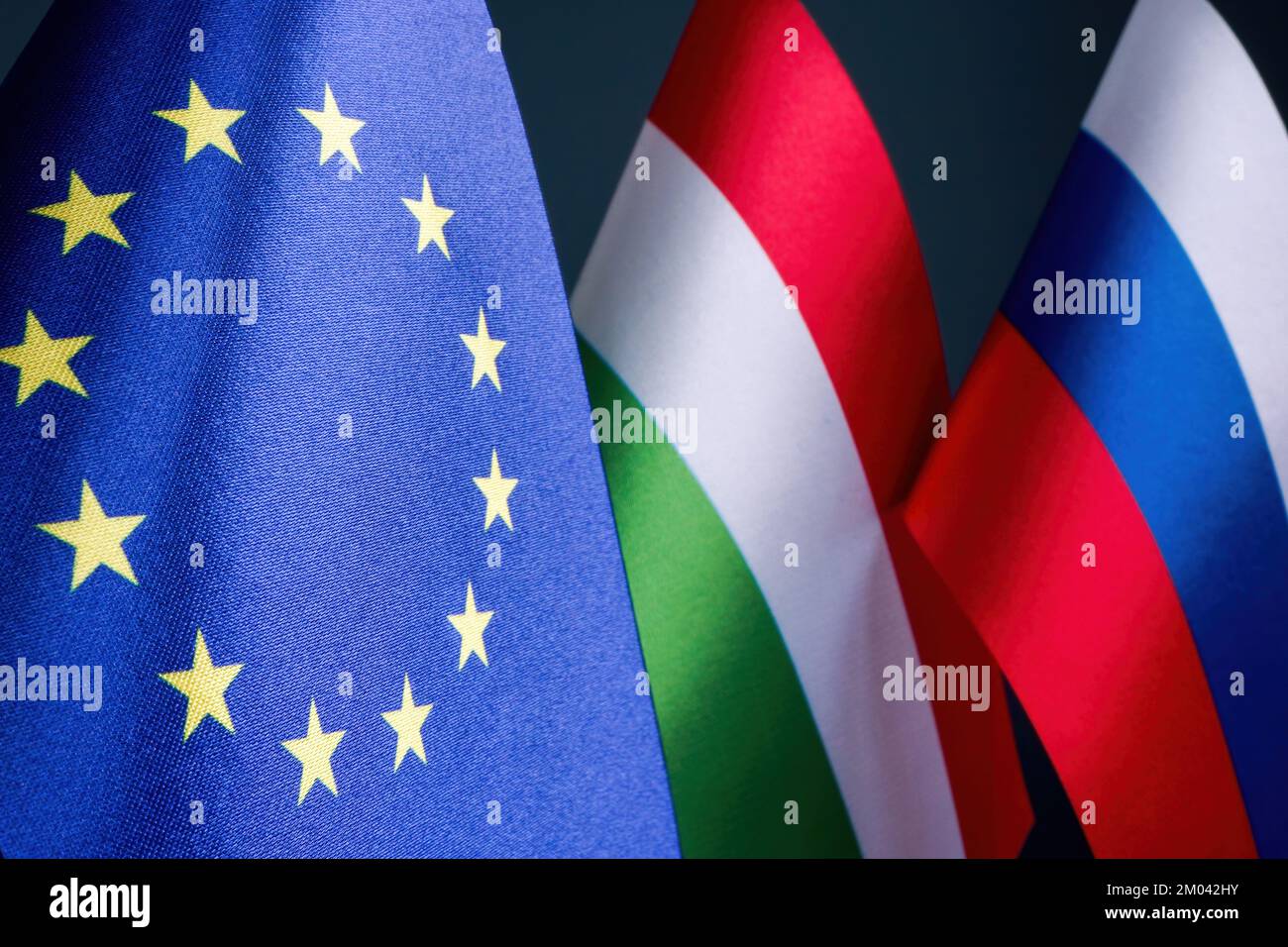 Flags of the EU, Hungary and Russia as a concept of sanctions and diplomacy. Stock Photo
