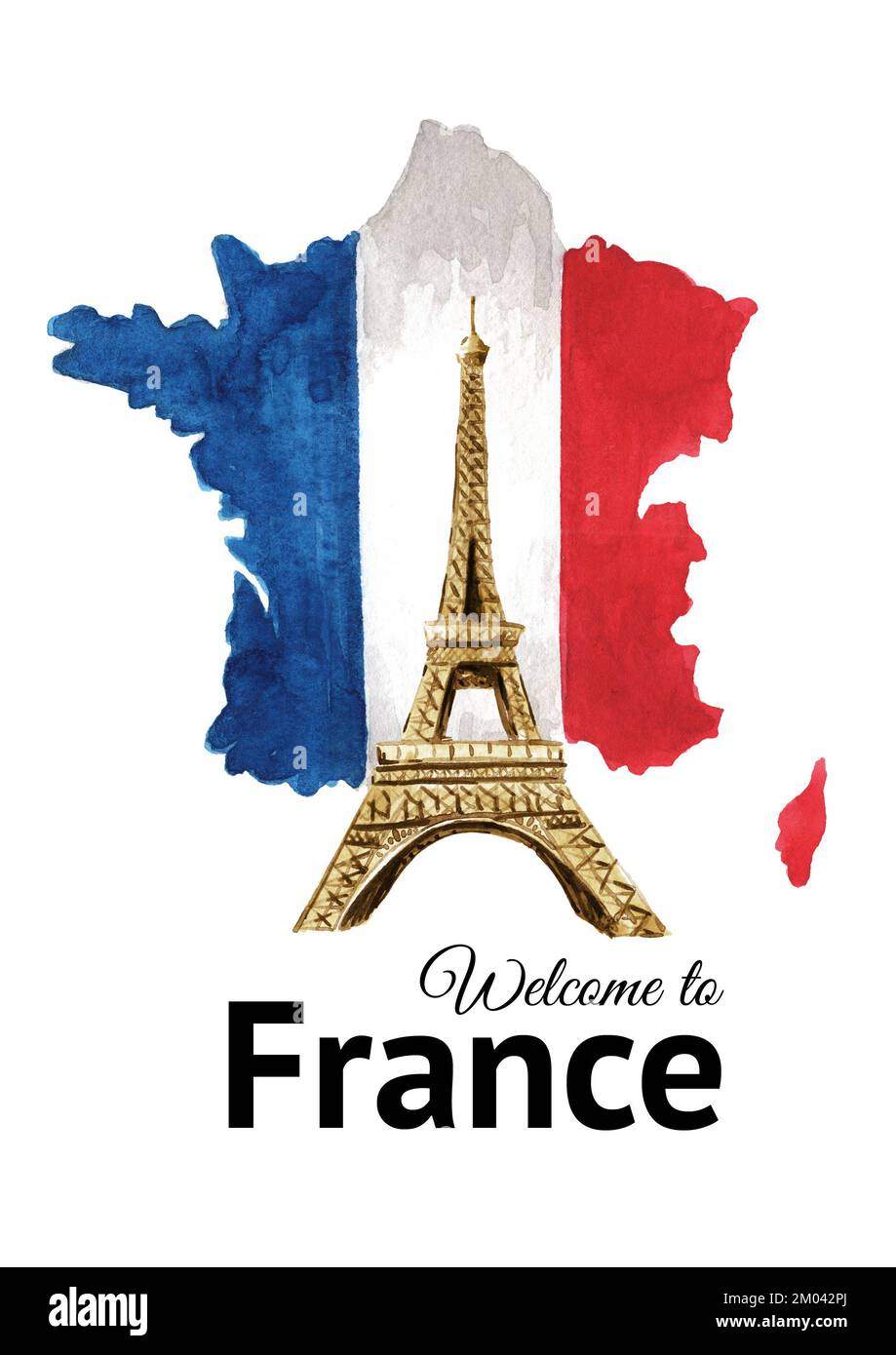 Welcome to France card, Flag, symbol. Hand drawn watercolor ...
