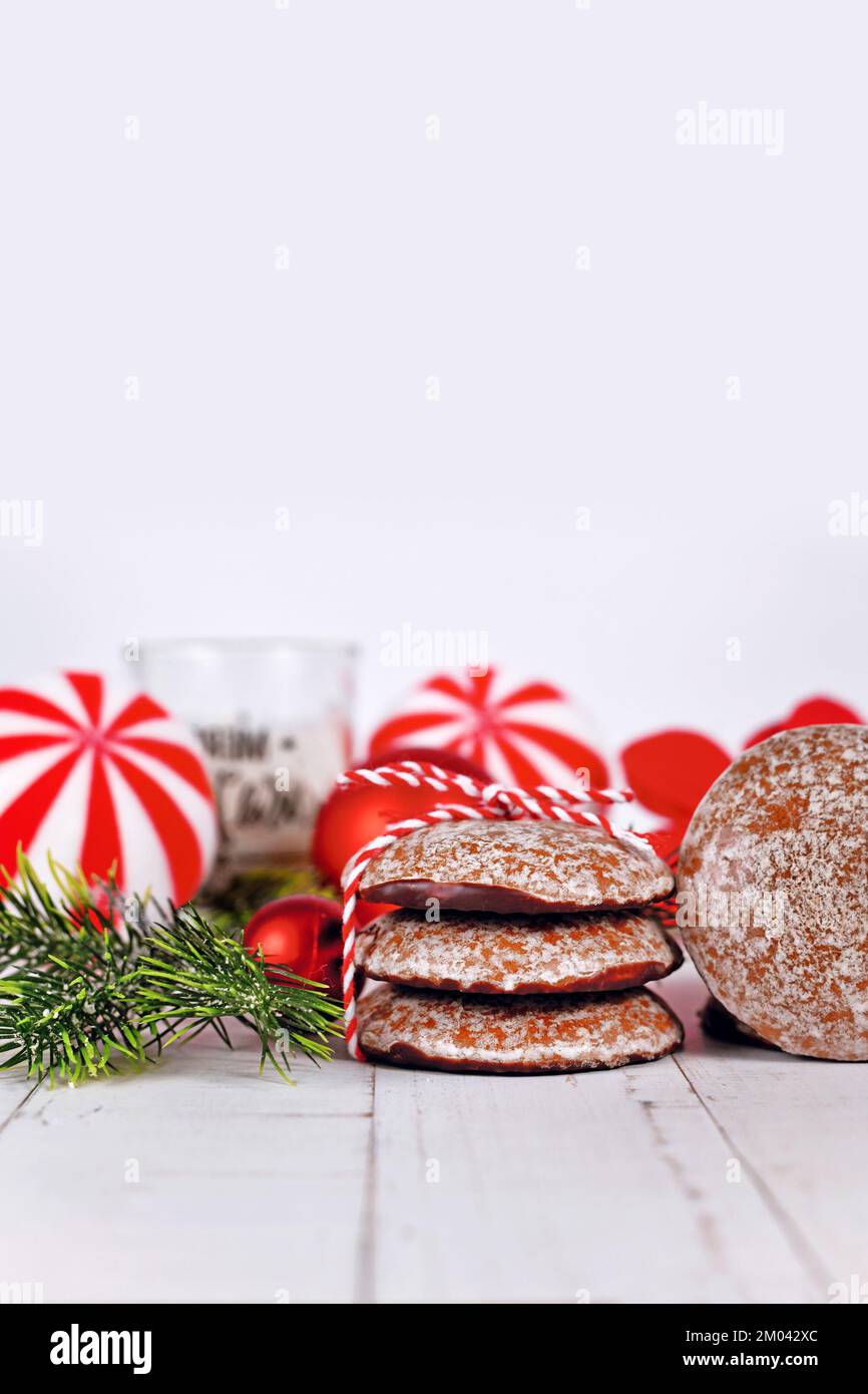 Stack of traditional German round glazed gingerbread Christmas cookie