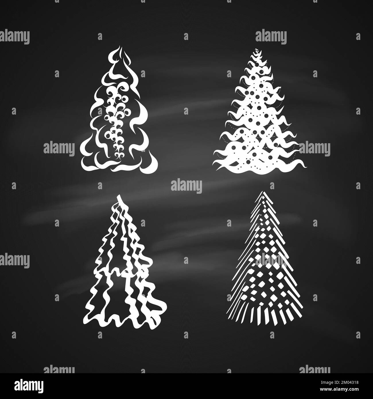 Chalk Drawing Collection of Silhouettes of Decorative Trees. Isolated Composition in Vintage