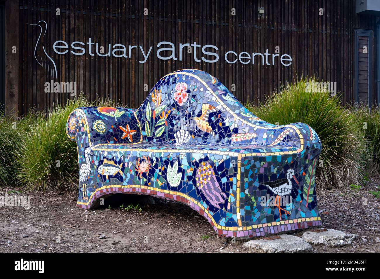 Ceramic couch outside Estuary Arts Centre, Orewa, Auckland, North Island, New Zealand Stock