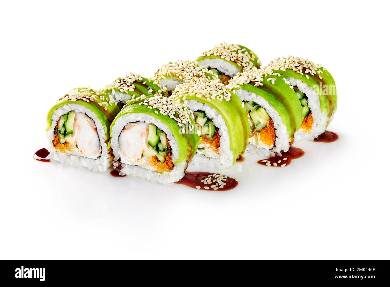 Avocado rolls with crab meat, masago, cucumbers, cream cheese, sesame