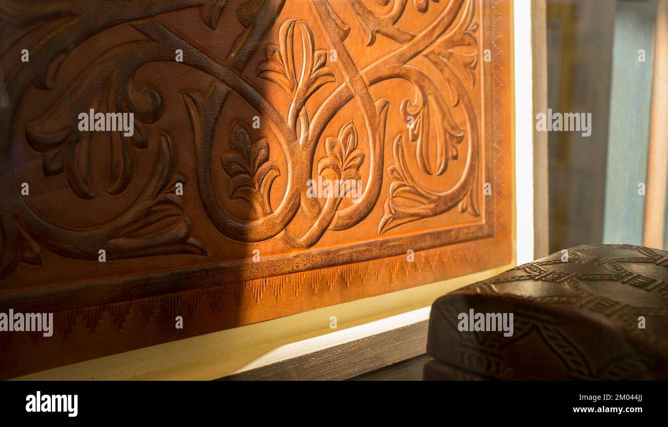 Pieces made with cordoban leather decoration technique. Cordoba, Andalusiaa, Spain Stock Photo