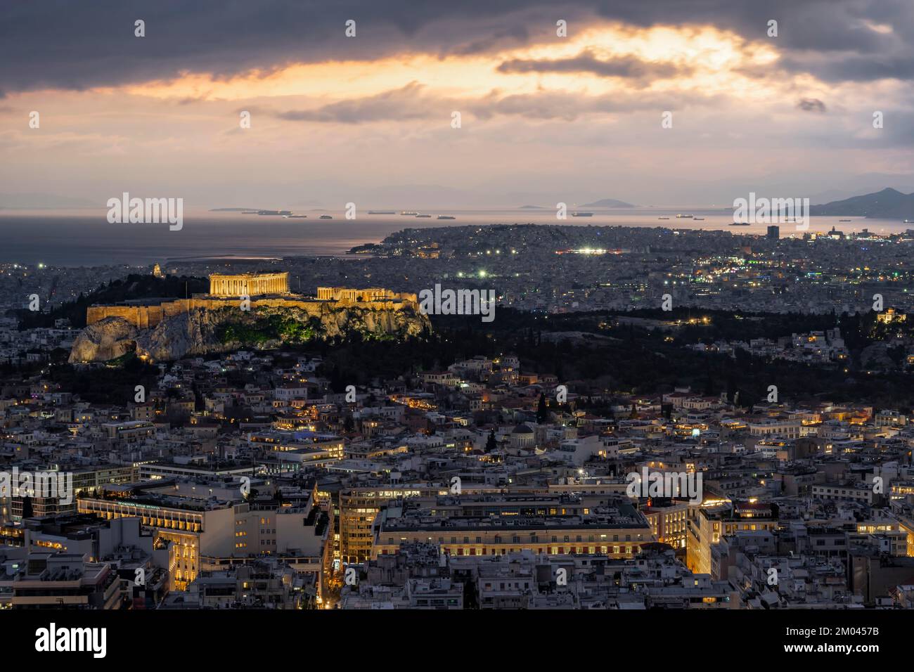 View Over The Sea Of Houses Of Athens, Illuminated Parthenon Temple On ...