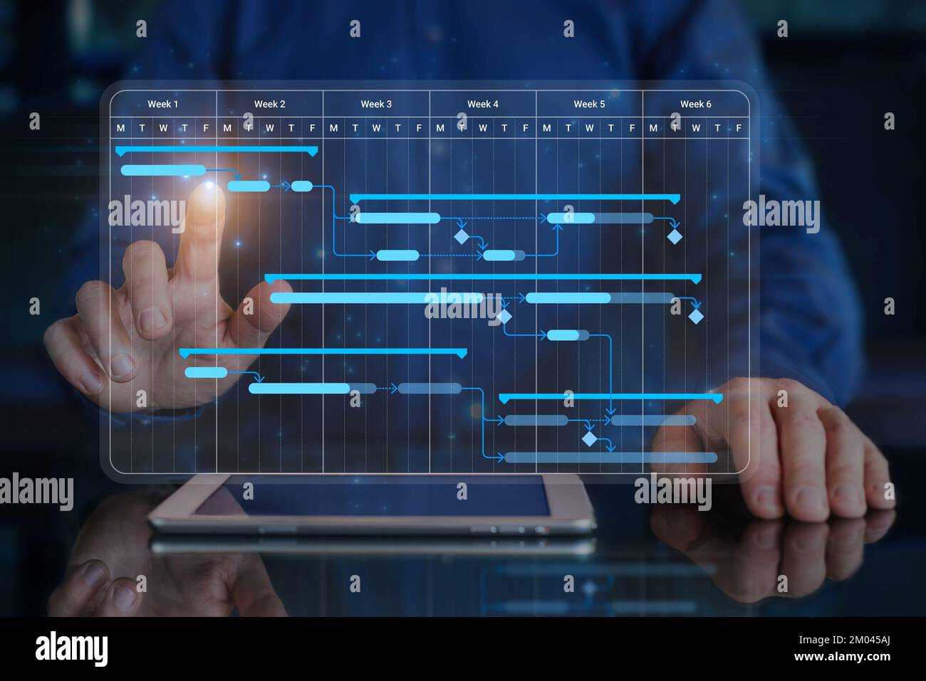 Project manager working with Gantt chart schedule to plan tasks and deliverables. Scheduling activities with planning software. Project management dia Stock Photo
