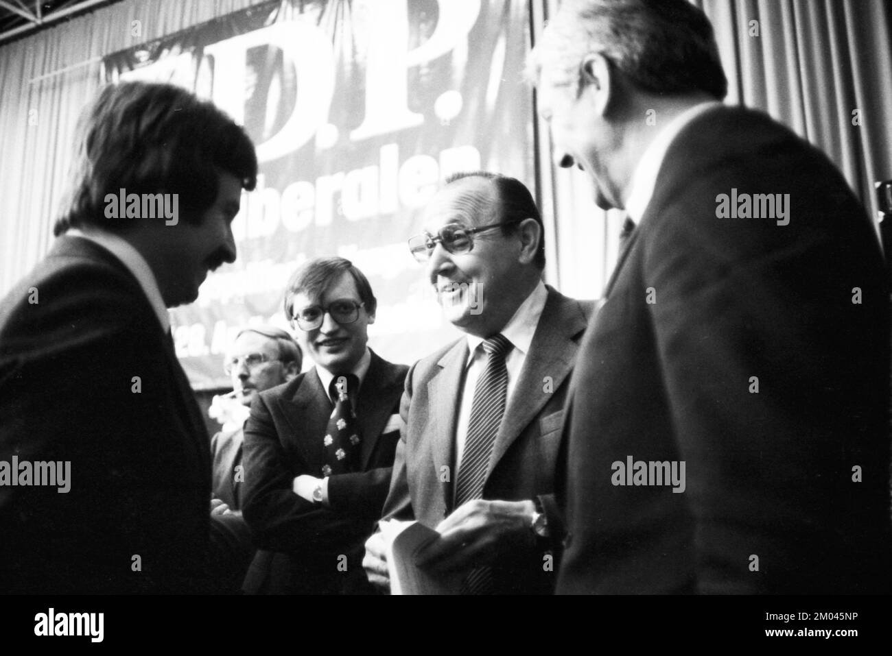 Defence policy congress of the Free Democratic Party (FDP) on 27.4.1979 in Muenster.Juergen Moellemann, Guenter Verheugen, Hans-Dietrich Genscher, N.N Stock Photo