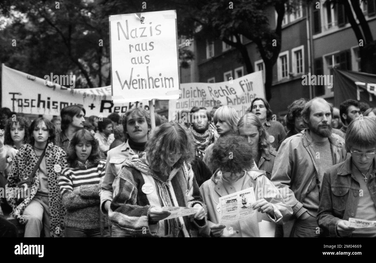 Trade union youth and other youth associations opposed the appearance of the right-wing radical youth (JN) of the NPD in Weinheim, Germany on 22.09.19 Stock Photo