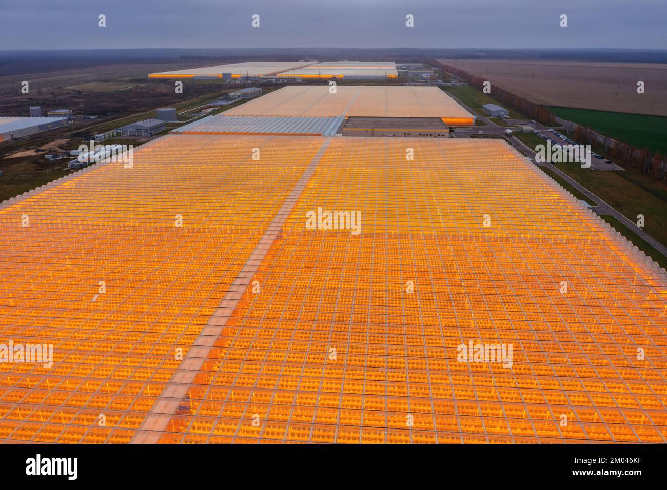Aerial view of large modern glass greenhouse complex Stock Photo Alamy