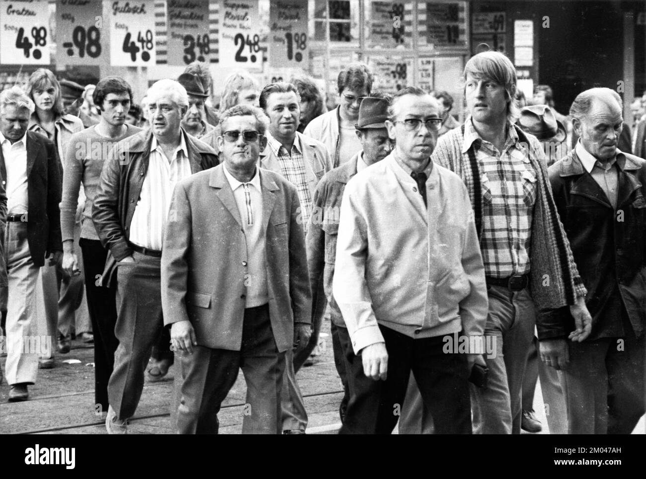 Workers of the Essen ironworks demonstrated against the reduction of social benefits after a works meeting in Essen, Germany, 24 September 1975, Europ Stock Photo