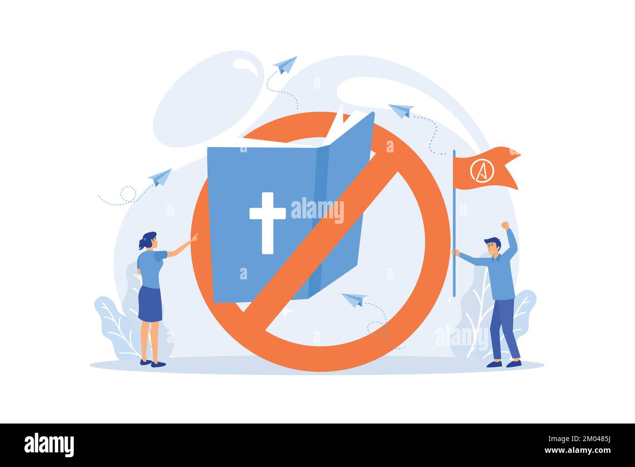 Tiny people atheists against religion and Bible prohibited sign. Atheistic worldview, absence of belief in deities, religious skepticism concept. flat Stock Vector